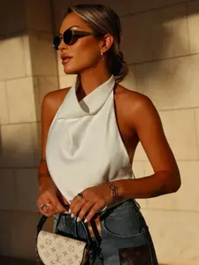 Sexy Halter Top Women Sleeveless Satin Crop Black Pink Top Corset White Women's Evening Top Woman Fashion Camisole Backless Top Off Shoulder Y2K Vacation Party Tops Street Brown Green Yellow Top