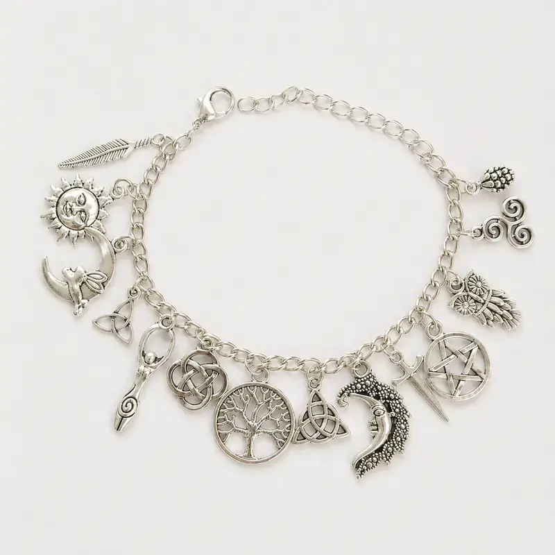 Vintage Witchy Alloy Charm Bracelet - Silver-Tone Pagan-Inspired Funky Unique Accessories with Moon, Sun, Tree of Life, Owl, Pentagram Charms - Daily Alternative Style Bracelets & Bangles Gothic Boho Gift, Celestia, Charm Bracelets, Christmas
