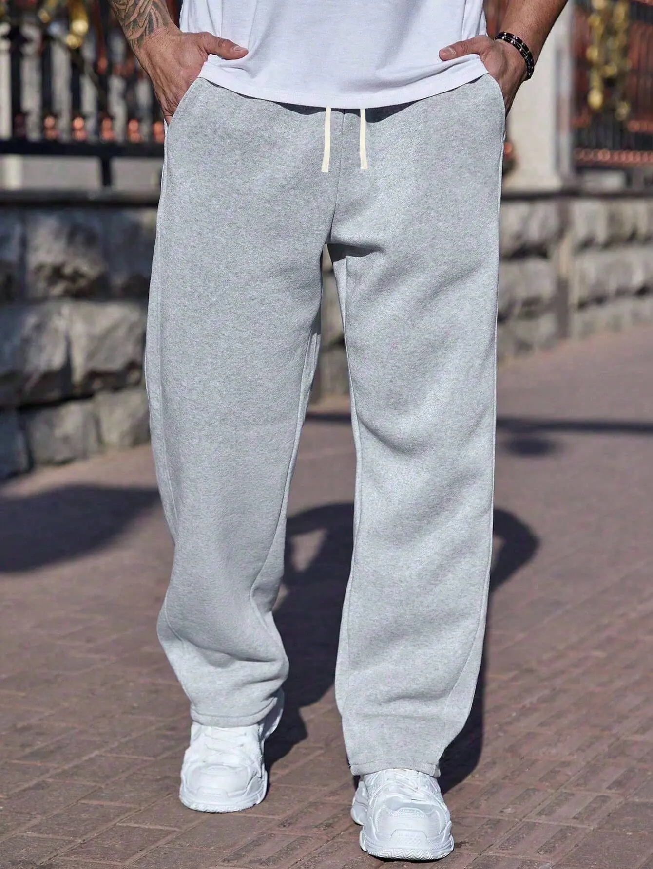 Men's Gray Casual Loose-fit Straight-Leg Sweatpants with Drawstring Waist for Athletic Wear and Everyday Loungewear, Clothes, Mens Clothing, Polyester, Male, Casual Athleisure Pants, Drawstring Workout Pant, Male Clothing
