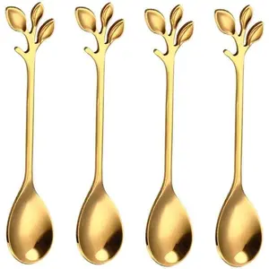 10 Pack Stainless Steel Leaf Coffee Spoon Tableware Dessert Spoons, Stirring, Mixing, Sugar, Stir, Ice Cream, Cake, Teaspoon 4.7 inch Gold