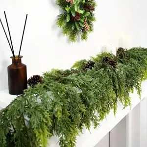 Artificial Cedar Garland 72" with 10 artificial pine cones - Decorative Plant for Home Party Wedding DIY Real Touch Pine Garlands Decorative Greenery Fruit