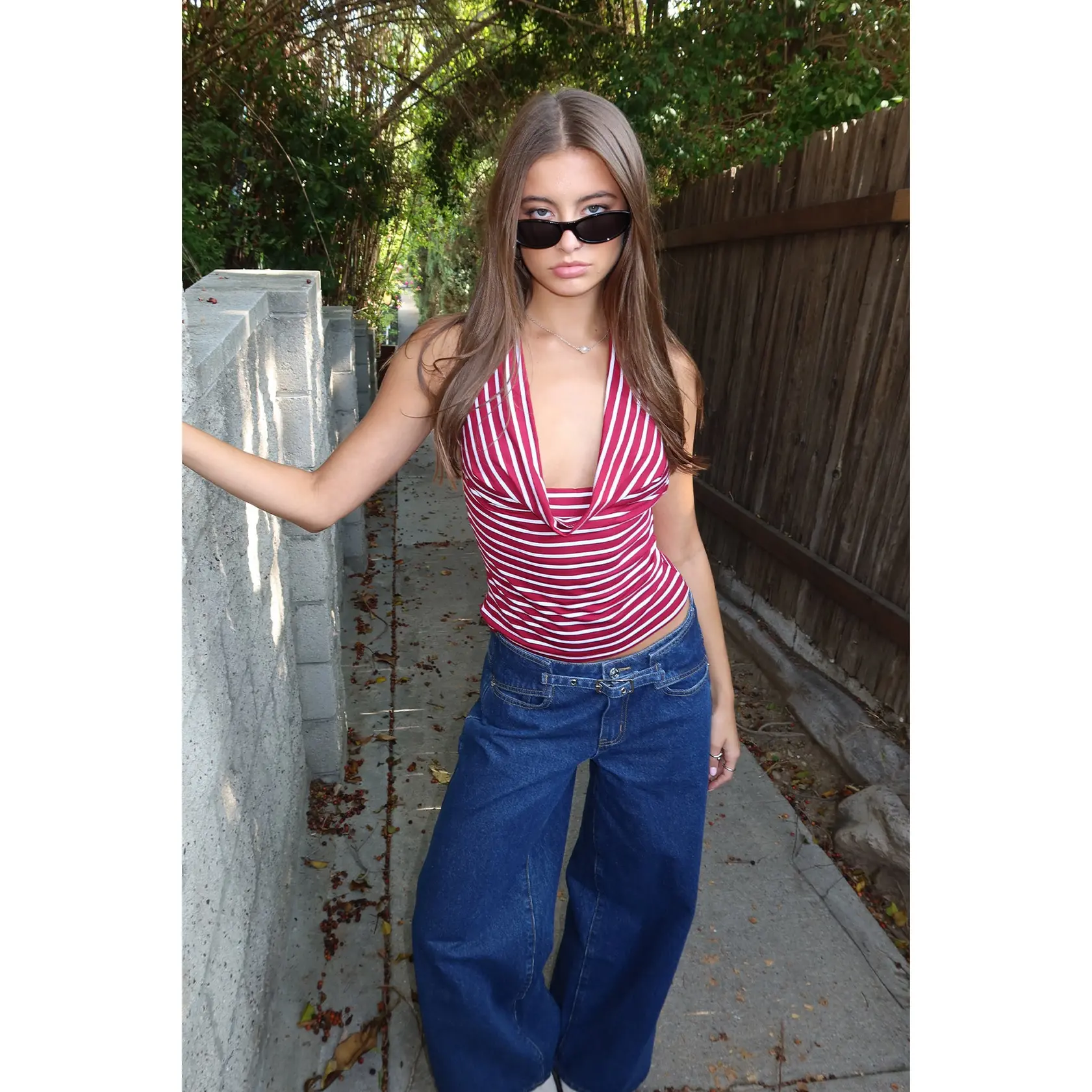 Striped Cowl Neck Halter Top