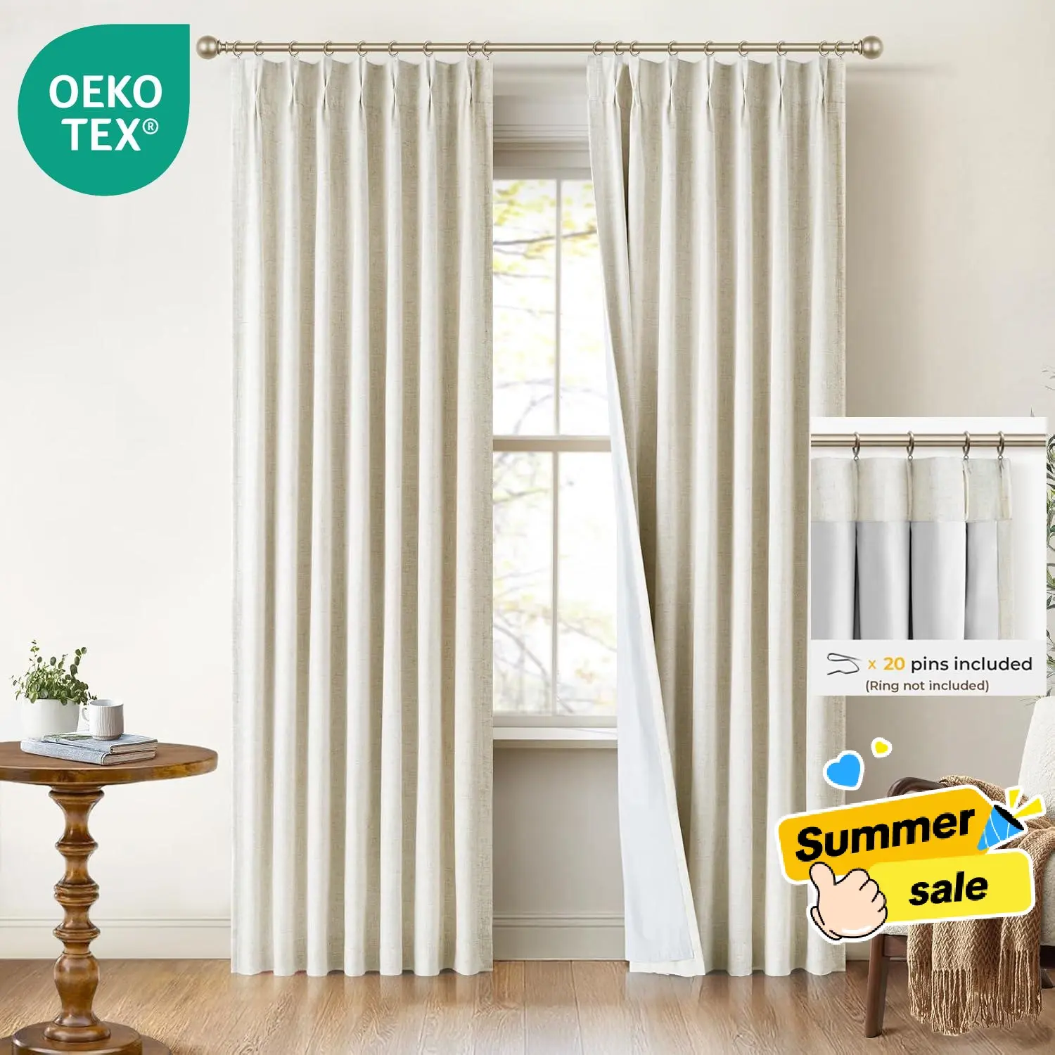 Back To School INOVADAY Pinch Pleated Curtains, 2 Panels Full Blackout Curtains, Linen Pleated Blackout Drapes For Bedroom, Thermal Black Out Pinch Pleat Drapes with Hooks,dorm essentials,home decor,home essentials