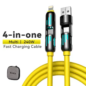 Evary 4 in 1 240W Fast Charging Data Cord – USB-A+Type-C+Lightning Connectors and Breathing Light Stylish Design, Multi-functional Portable for iPhone iPad & Samsung Galaxy Electronic Smartphone