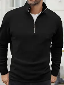 Men's New Solid Color Quarter Zip Stand Collar Pullover Sweatshirt, Long Sleeve, Comfortable Regular Fit, Casual Spring & Fall Wear, Classic Men's Clothing