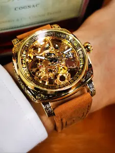 1pc Men's Vintage Luxury Square Skeleton Automatic Mechanical Watch, Luminous Hands, Leather Strap, Business Casual Wristwatch Gift Box Included, Analog Mechanical Watches