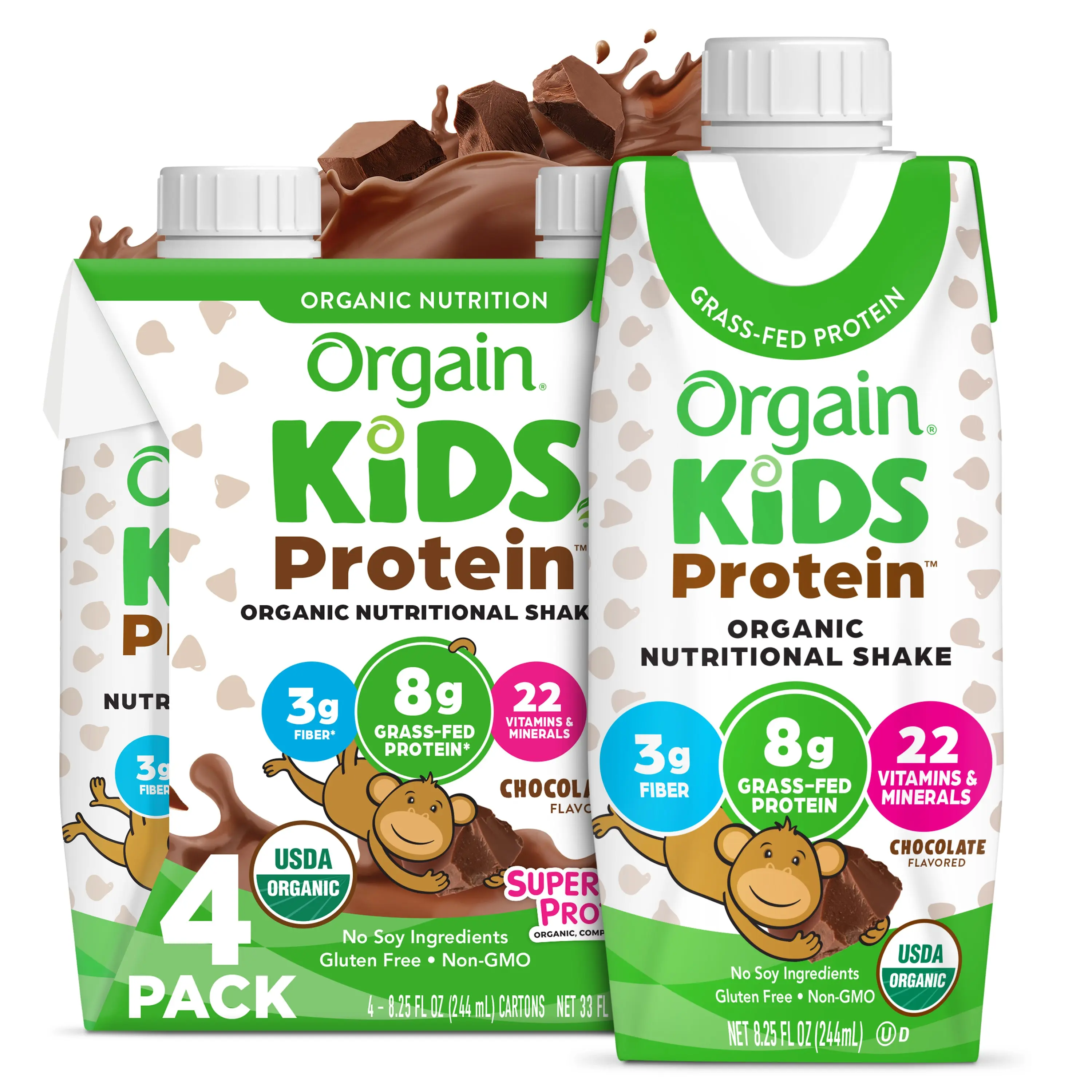 Orgain Kids Organic Nutrition Shake Chocolate 4-Pack | 8g Grass-Fed Protein | 22 Vitamins & Minerals | Organic Fruits & Vegetables | Ready-to-Drink Kids Shake