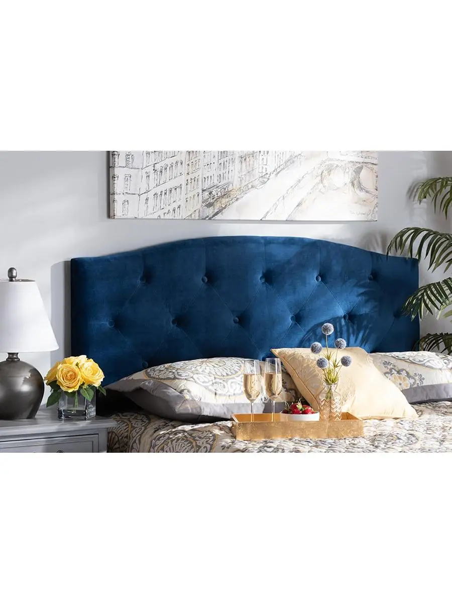 Baxton Studio Leone Queen-Size Modern & Contemporary Navy Blue Velvet Upholstered Headboard, Ideal for Blue Velvet, Dark Brown, Designer Upholstered, Fabric-Covered Headboard Preferences, Blue Velvet Headboards, Dark Brown Headboards