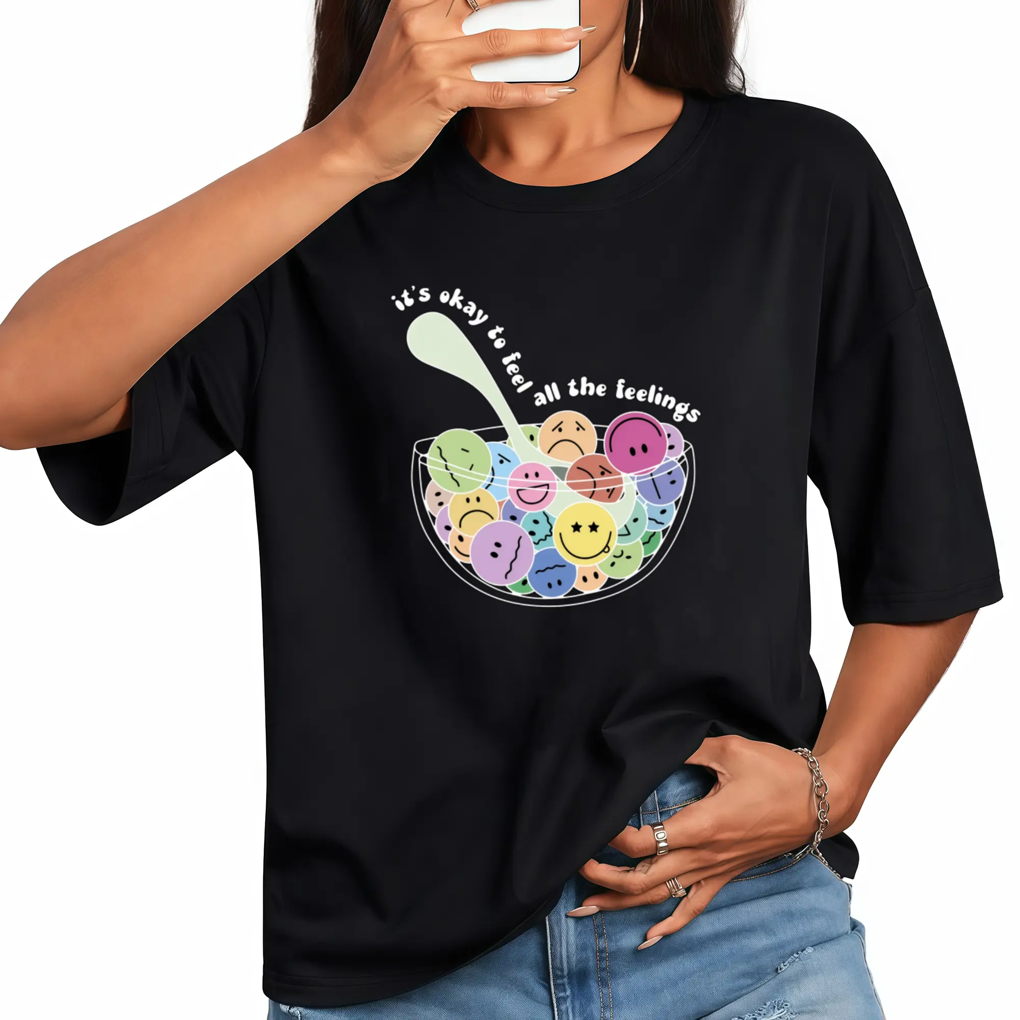 Oversized crew neck t shirt colorful mood face bowl spoon mental health quote graphic loose fit short sleeve women counselor daily wear tee