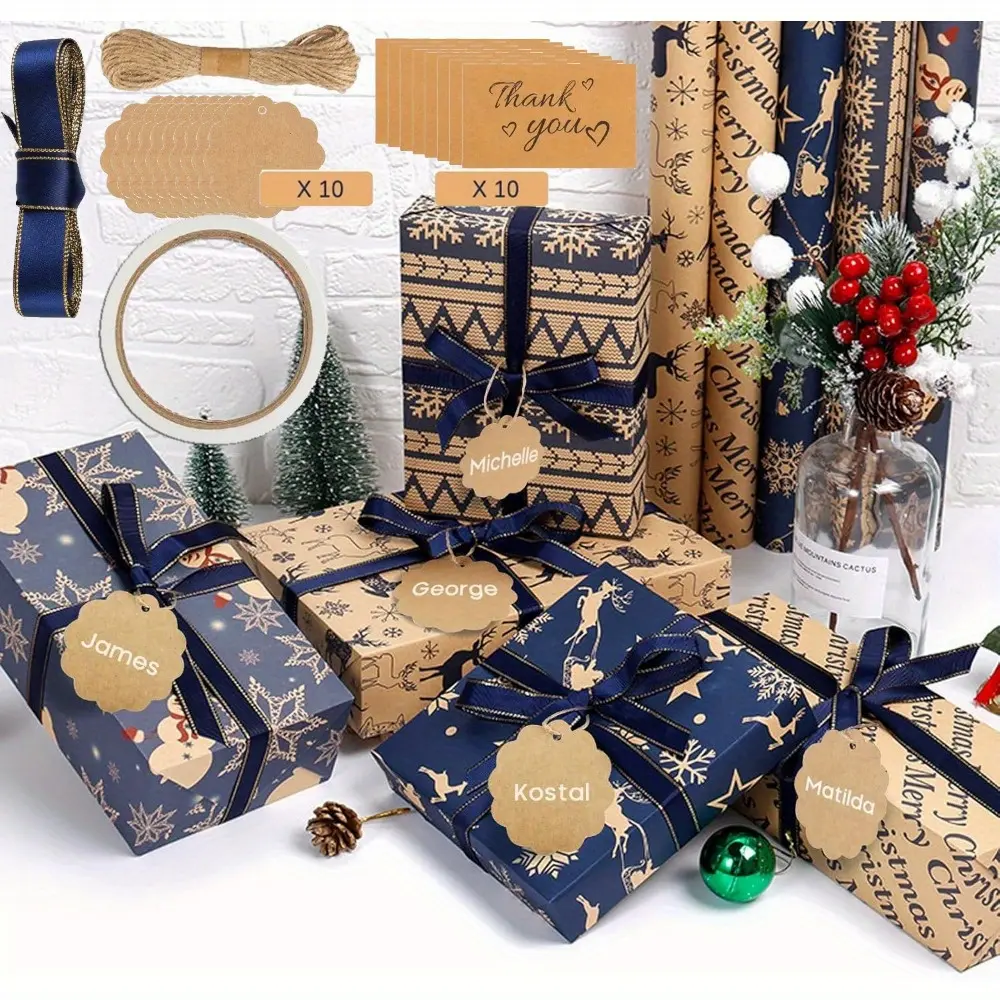 10 Pack Christmas Wrapping Paper Set, Vintage Holiday Gift Wrapping Paper with Gift Tags Stickers & Rope, Thick Recyclable Blue Kraft Gift Wrap for Xmas, Hanukkah, New Year