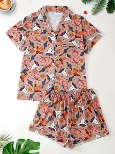 Women's Sleepwear Set, Collared Short Sleeve Cardigan & Loose Elastic Shorts, Western Cowboy Full Print, All Seasons, Casual Home Wear, Pajama Set