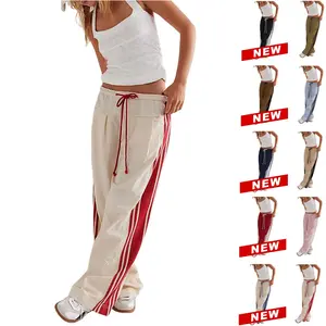 Tanming Women's High-Rise Loose Fit Khaki Cargo Pants - Adjustable Drawstring Waist, Side Stripes - Minimalist Basic Bottoms for Casual, Activewear, Sportswear Use,summerwins