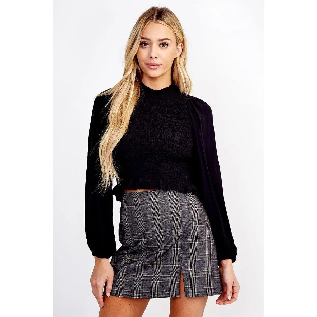 Charcoal Smocked Puff Sleeve Top