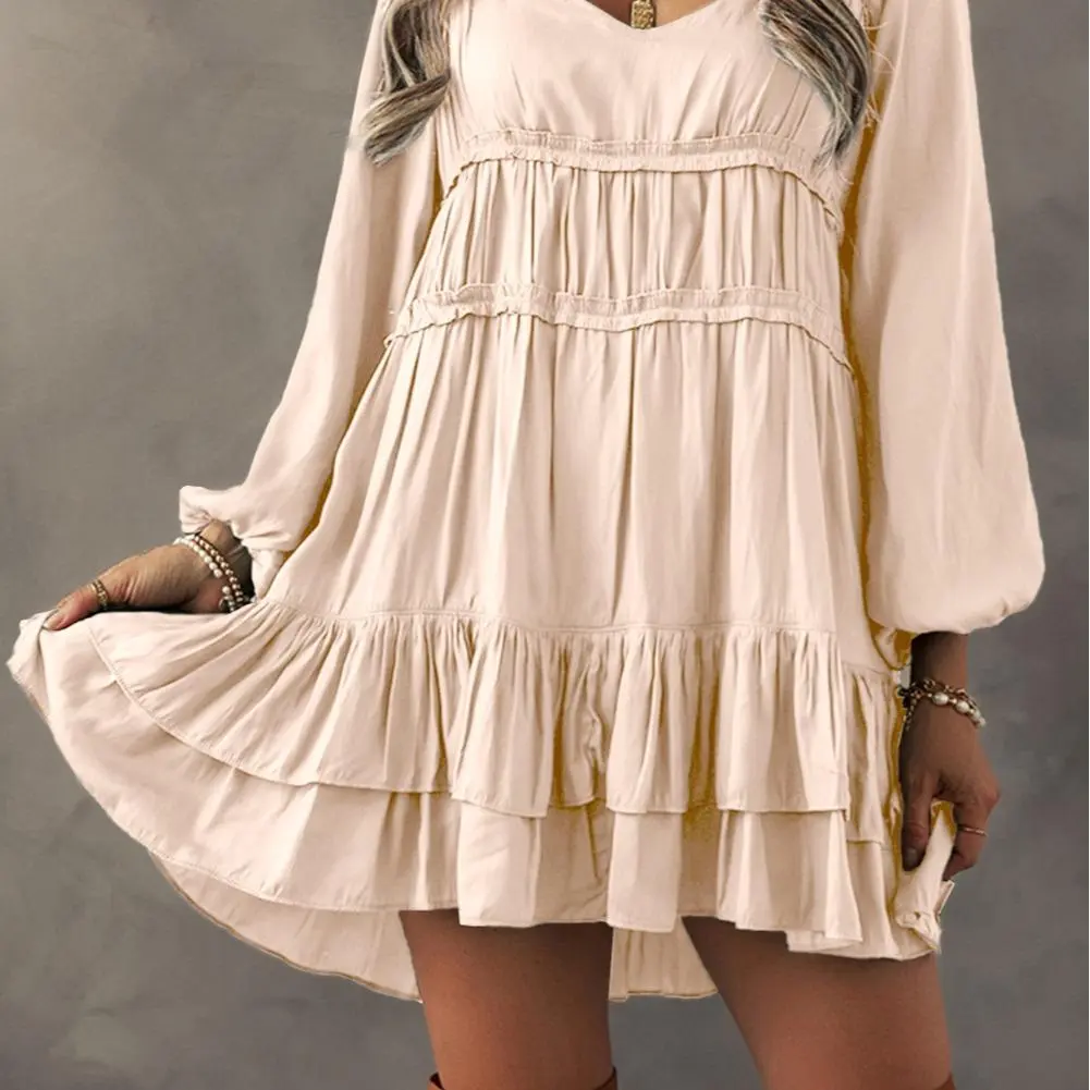 Apricot Tiered Ruffled Puff Sleeve Loose Fit Mini Dress Arrives in 12 to 15 days elegant  dresses bubble  dress mars the label  dress capri  sun