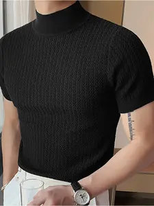 Men's Mock Neck Knit Fitted T-Shirt - Minimalist Premium Style, 3D Textured Solid Color Design, Perfect for Daily Wear & Smart Casual Occasions