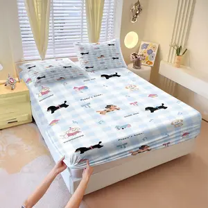 Kawaii Cartoon Dachshund Fitted Sheet Sets,Blue White Gingham Puppy Print Bed Sheet Sets,Includes 1 Deep Pocket Fitted Sheet & 2 Pillowcases,Cozy Soft Breathable Fabric,for Kids Bedroom Dorm & Apartment Decor,Ideal Gift for Boys Girls Dog Lovers