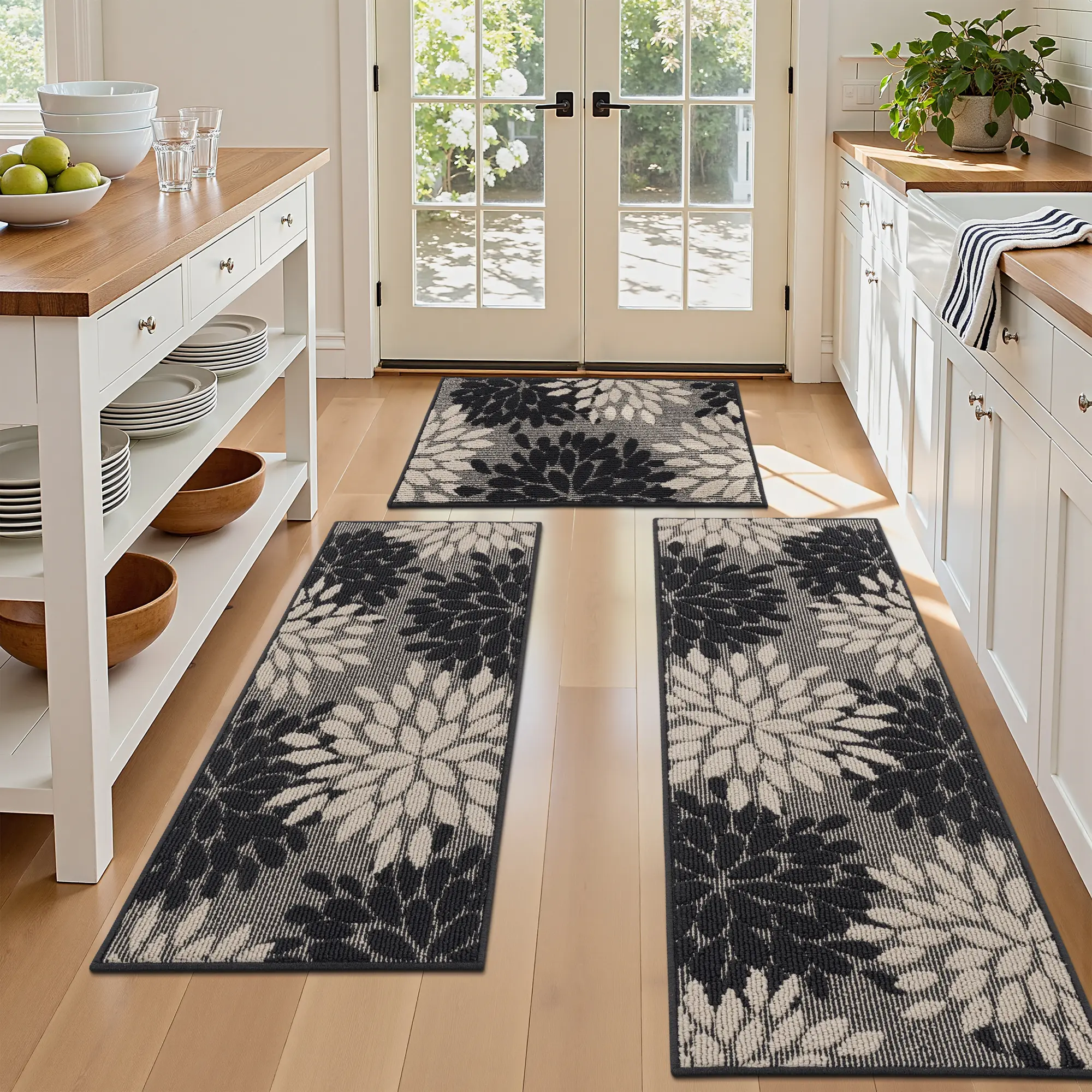 [Back to School] HEBE Washable Floral Kitchen Rug Sets of 3, Non Slip Kitchen Mats for Floor, Soft Machine Washable Kitchen Rug Runner, Farmhouse Kitchen Floor Carpet for Kitchen, Laundry