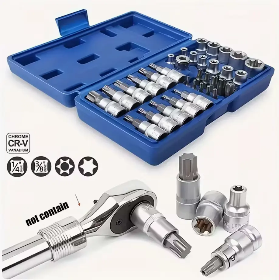 【FathersDayGift】34pcs Torx Bit & E-Torx Socket Set  3/8-Inch Drive Cr-V E4–E20, S2 T10–T60, Tamper Proof TT10–TT55, Includes 5/16"F to 3/8"M Adapter – Professional Hand Tools for Auto Repair & DIY Projects