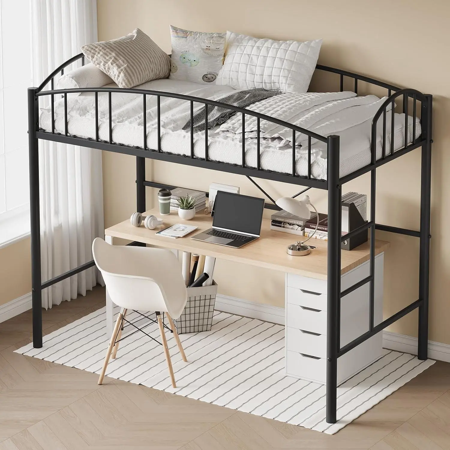 Gaomon Twin Loft Bed for Adults - Heavy-Duty Metal Frame, Arched Rail, V-Back Design, Silent Secure Safety Ladder, Easy Set-Up, Assembly Required, Space-Saving Black Indoor Furniture Set