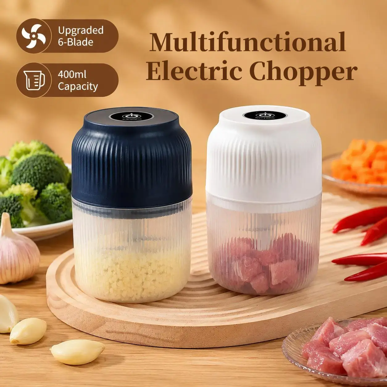 Multi-Function Electric Food Chopper, Small Kitchen Food Processor, Upgraded 400ml Mini Chopper with 6-Blade Design and USB Rechargeable Battery, Quickly Chops Garlic, Minced Meat, Vegetables, Fruits & Baby Food, Portable Kitchen Gadget for Home & Camping