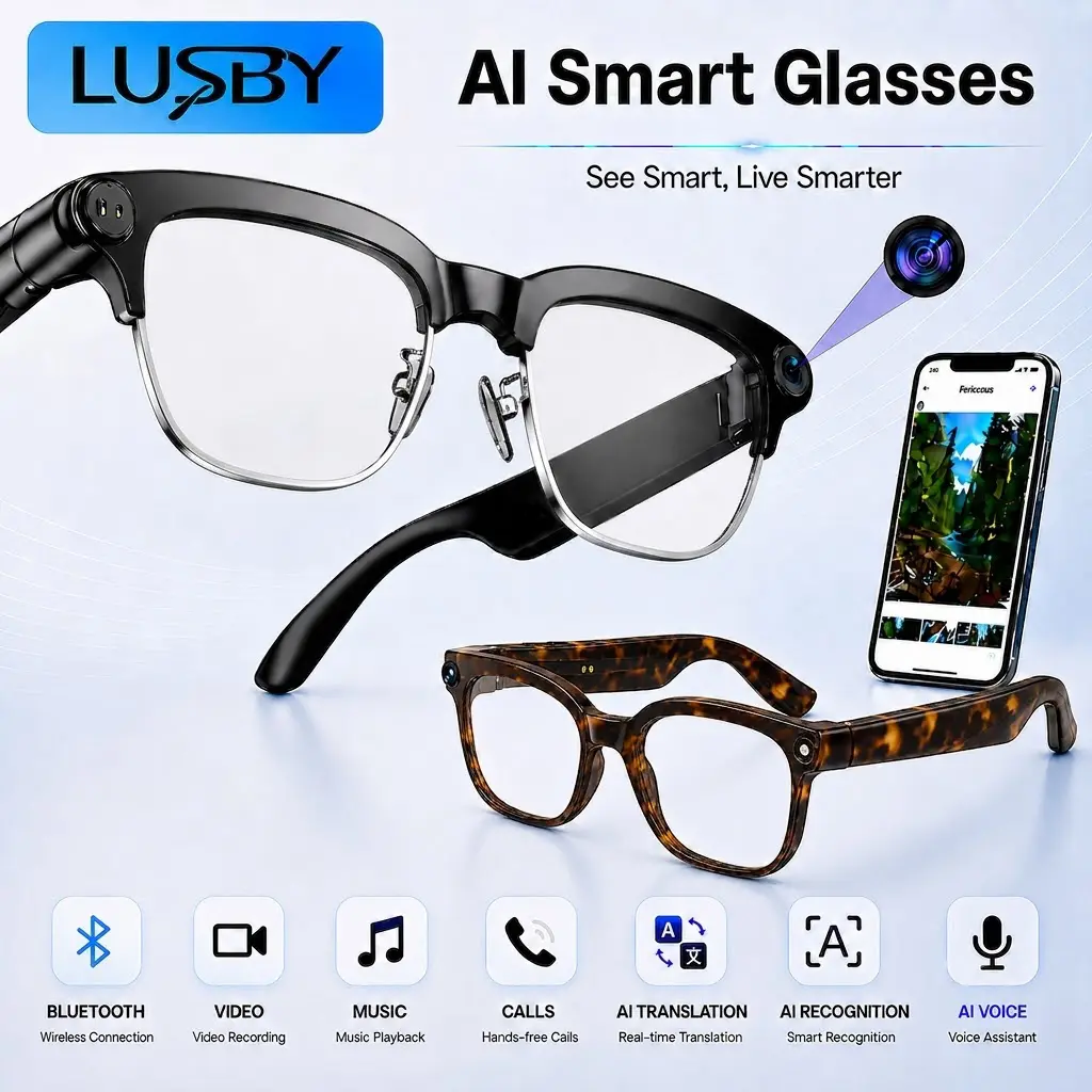 LUSBY Smart AI Camera Glasses with 8MP 1080p HD Photo Capture Auto Color-Changing Interchangeable Lenses for Men Women Travel Recording Voice Calls Language Translation,Black Friday & Cyber Monday, Wearable