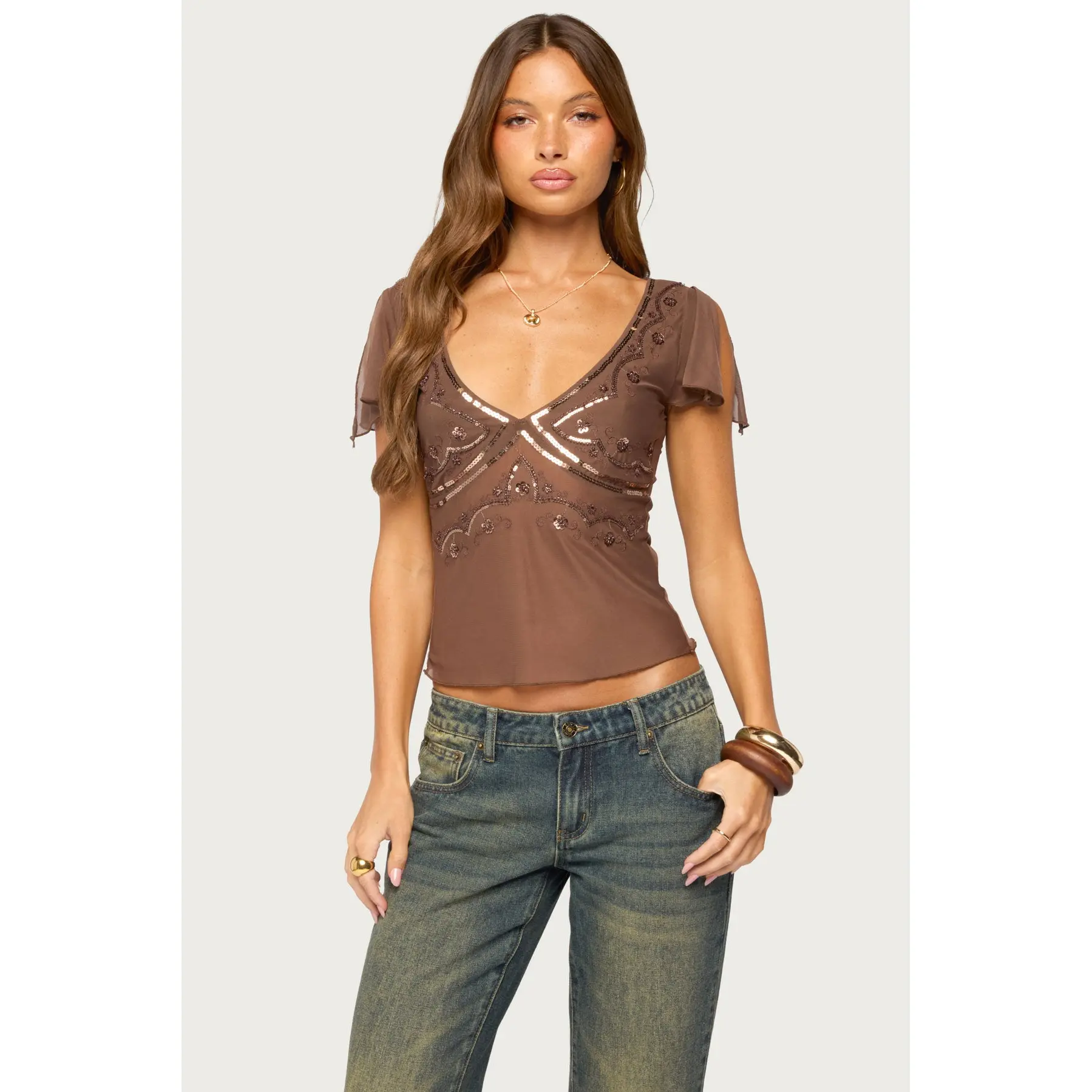 Ciri Sequin Mesh V Neck Top