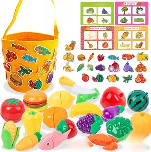 Adena Montessori 40 PCS Cutting Play Food Toy for Kids Kitchen,Pretend Fruit &Vegetables with Veggie Tote,20 PCS Felt Flannel and Plastic Knife, Educational Toy for Toddler Children Birthday Gift