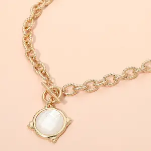 16″ Gold Compass Pendant Choker with Front Toggle & Faceted Stone