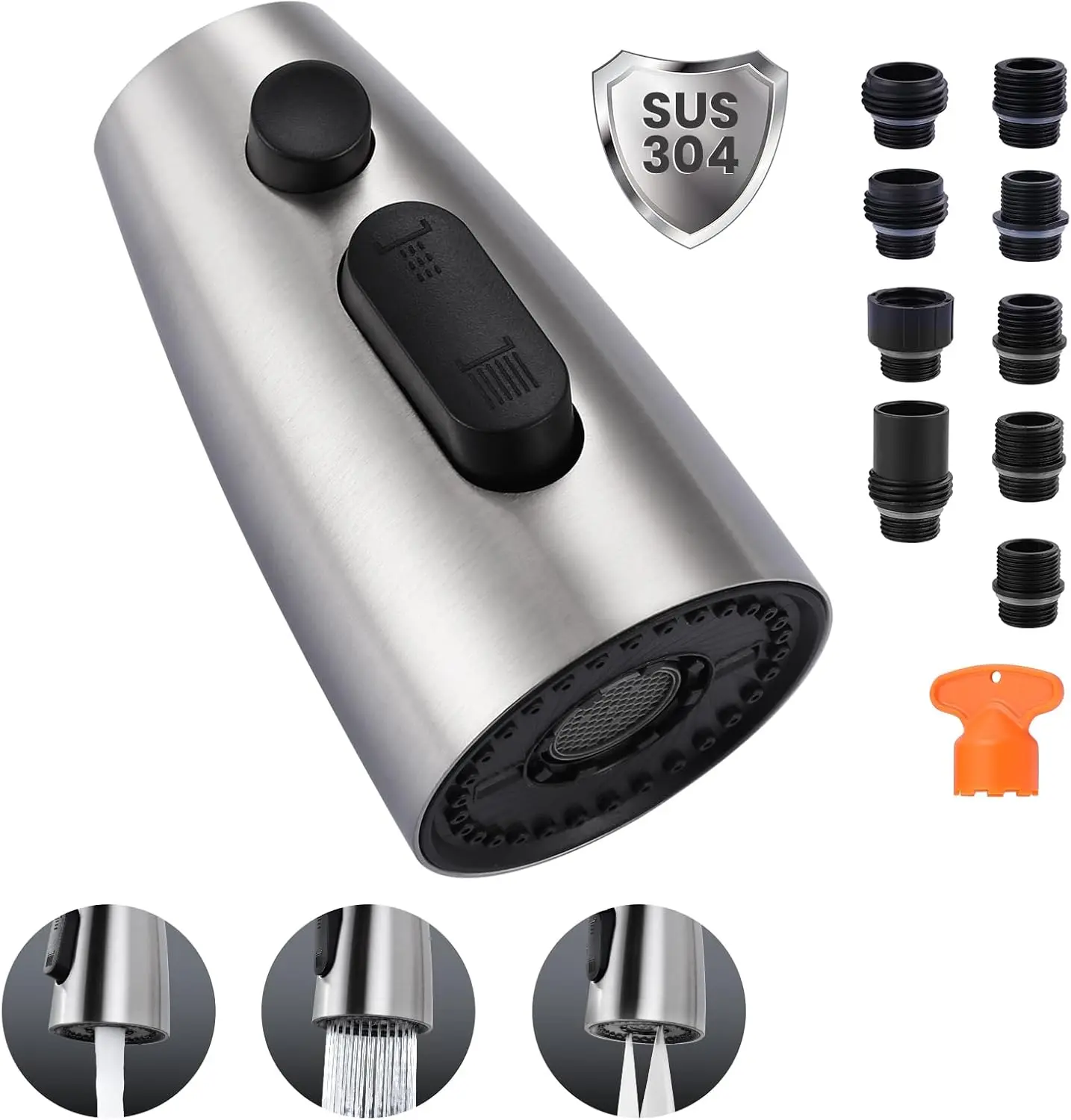 Kitchen Faucet  Replacement:Stainless Steel  ,3 Modes Pull Out  Nozzle with 9 Adapters for Kitchen Sink Faucet,Compatible with Moen Kohler Delta Kitchen Faucets G1/2,Brushed Nickel
