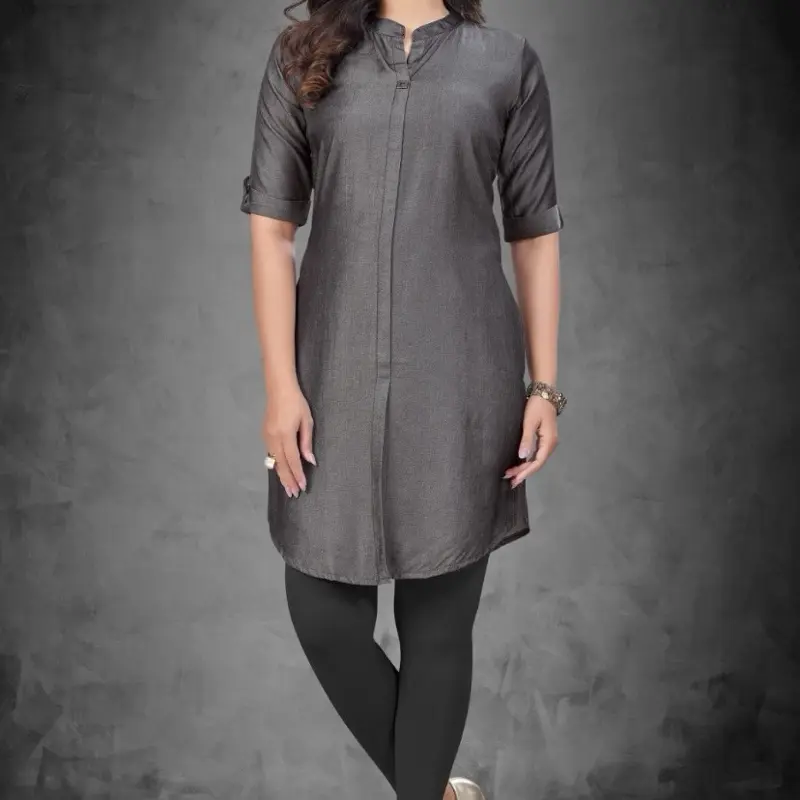 Kurti Style Blouse in Muslin Silk Fabric for Women - Gray Color Casual Top