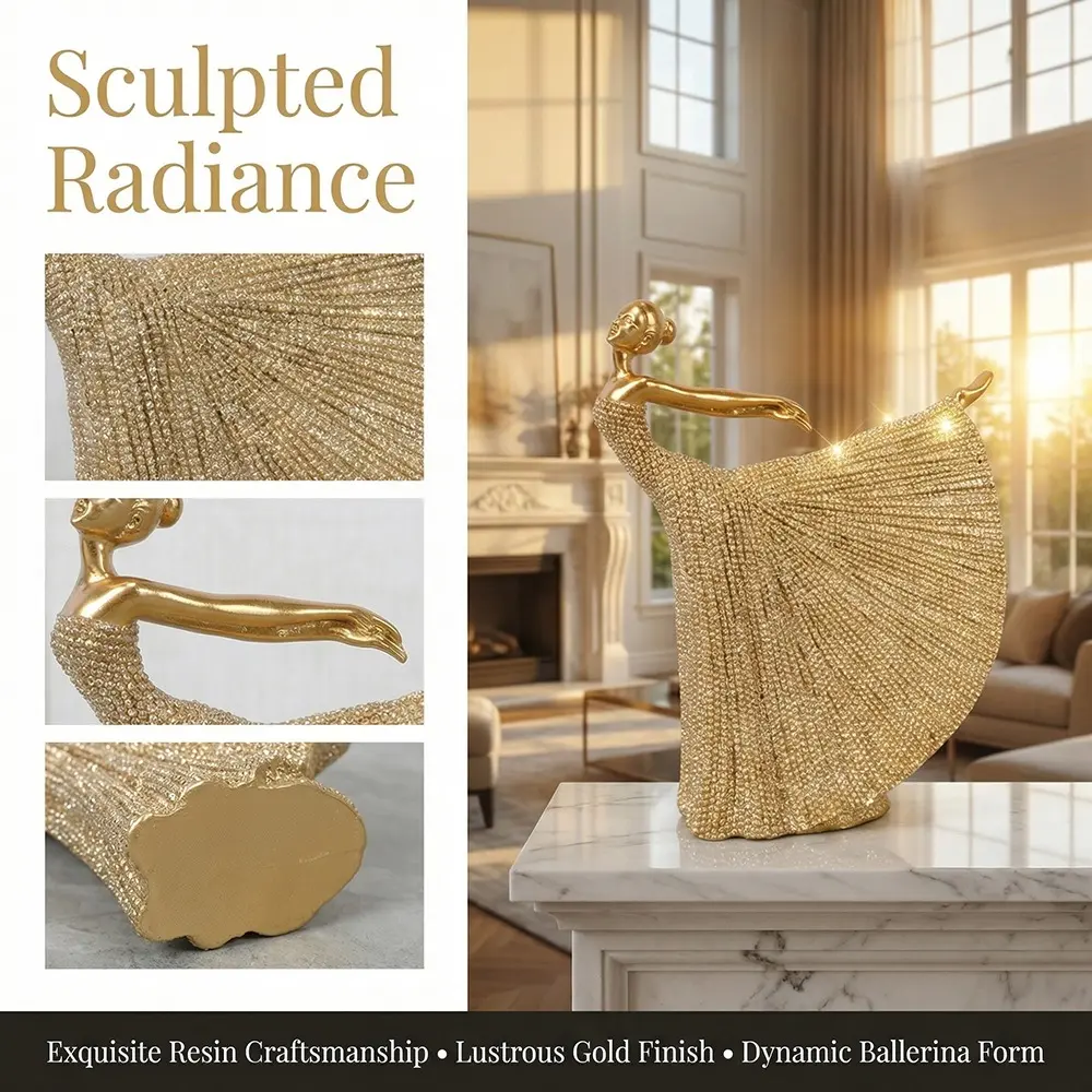 Golden Ballerina Resin Statue, Beaded Textured Dancer Decor, Luxury Art Figurine, Modern Home Accent, Tabletop Shelf Ornament, Desktop Decoration Ornament