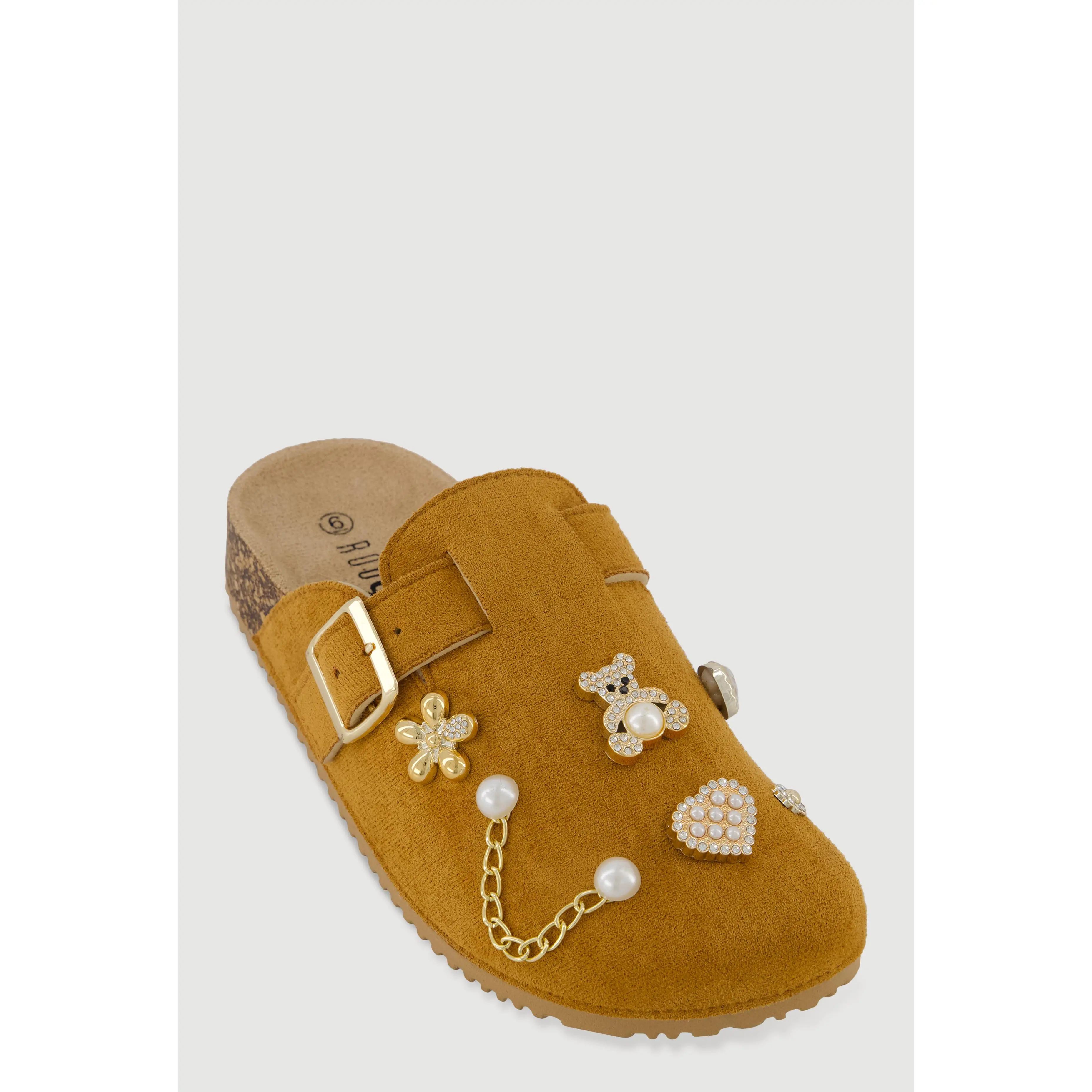 Faux Suede Clogs with Rhinestone and Faux Pearl Charms