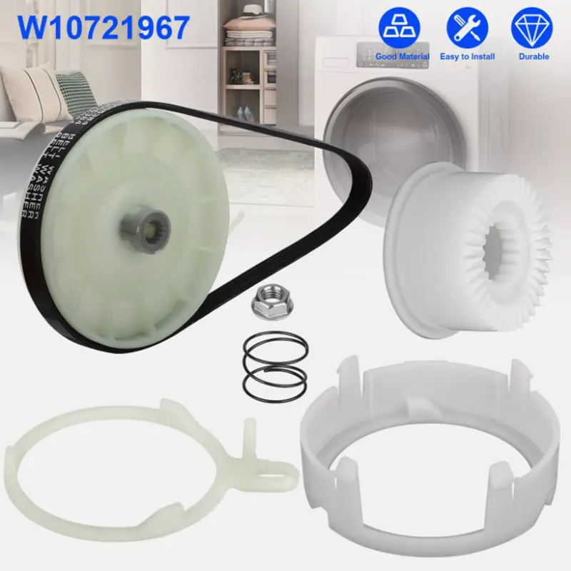 Whirlpool W10721967 Washer Pulley Clutch Kit & W10006384 Drive Belt Easy Install Replacement Parts for Whirlpool Appliances PA6 POM Iron Core Spring Material, Durable