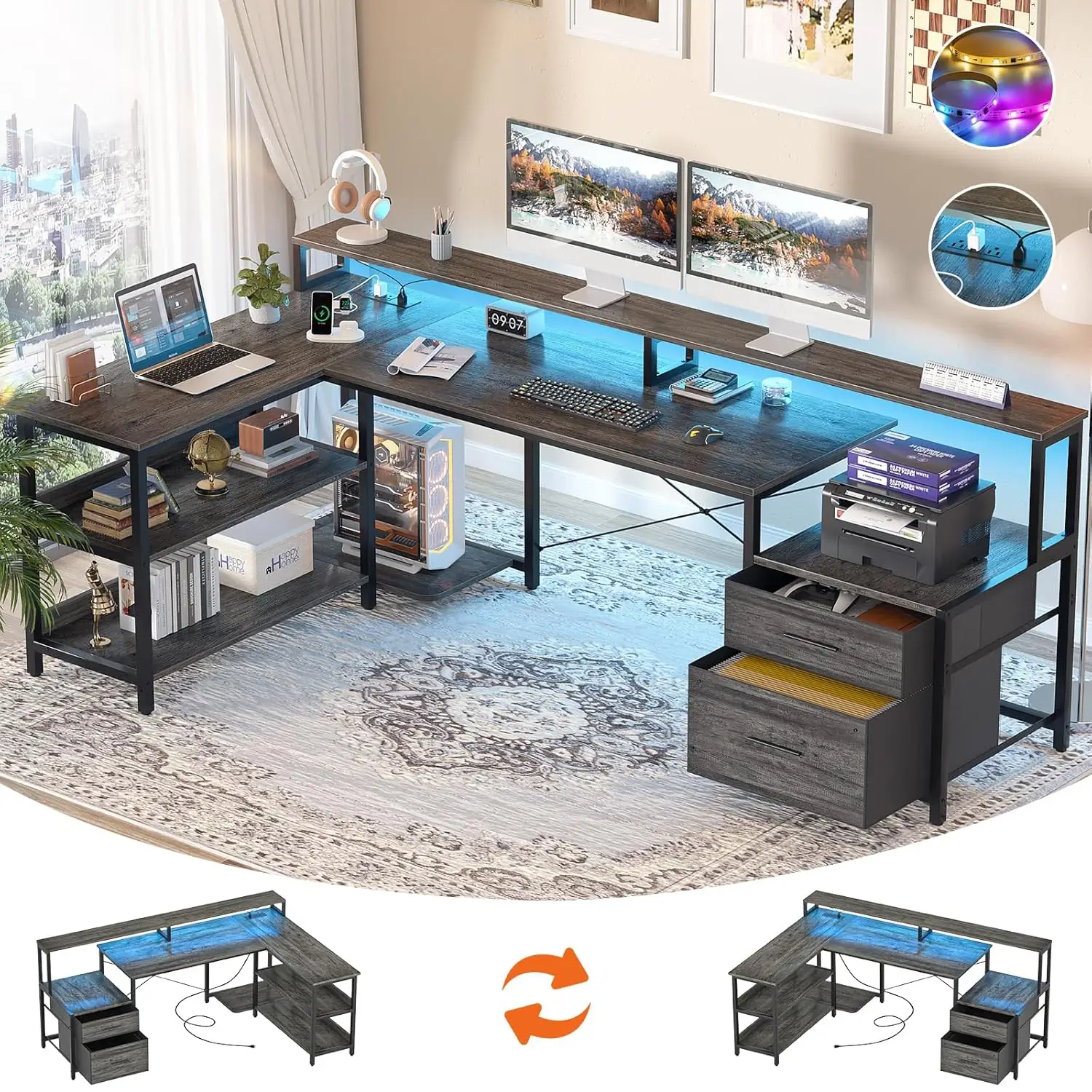 73" Reversible L Shaped Computer Desk with Power Outlet & LED Strip,Gaming Desk with Monitor Stand,Office Desk with File Drawer and Storage Shelves