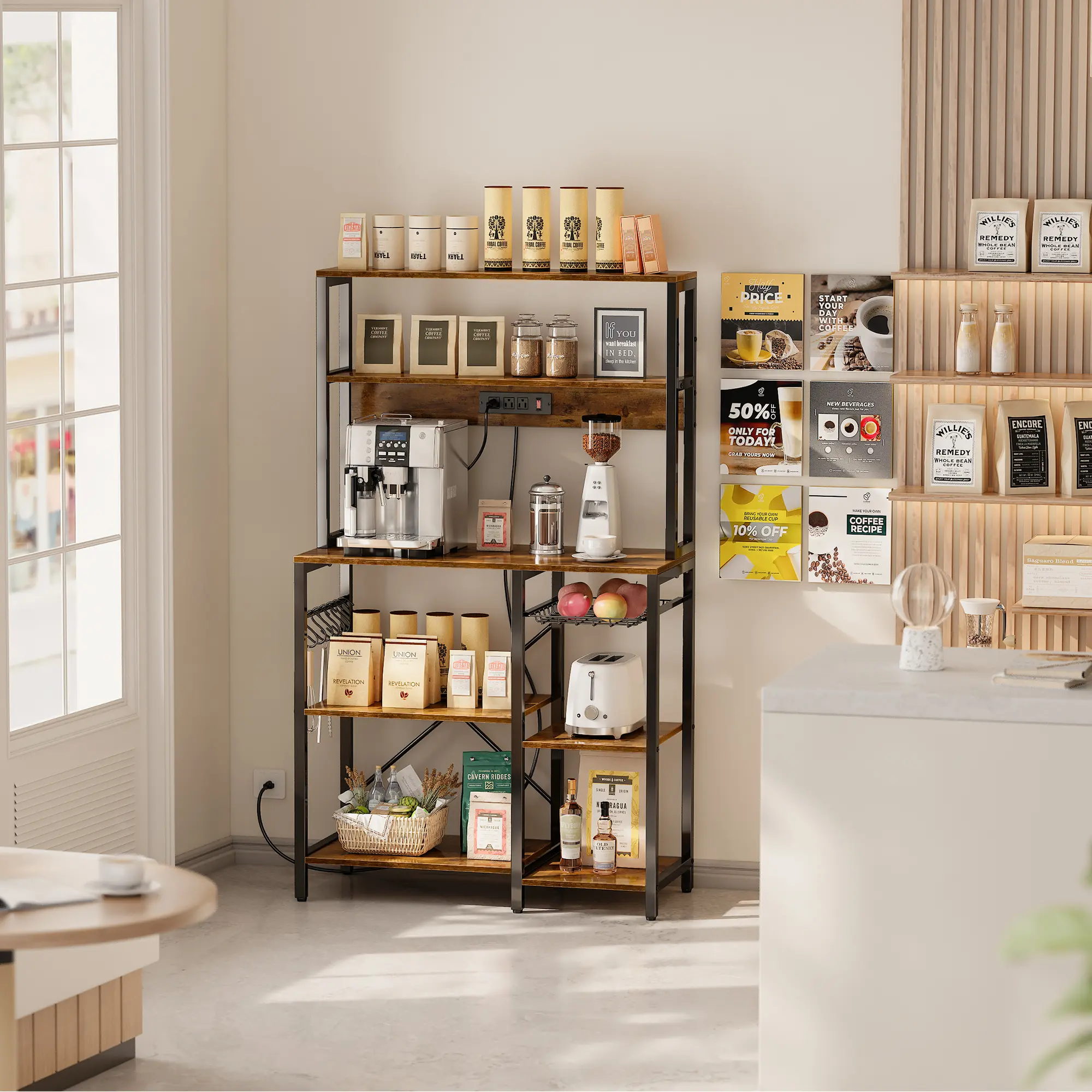SUPERJARE Bakers Rack Book Shelf - 35.4 in Coffee Bar, Kitchen Microwave Stand with Power Outlet, Wire Basket, 6 S-Shaped Hooks, Open Storage Shelves