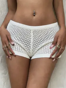 Women's High-Waisted Cut-Out Knit Shorts, Basic Casual Plain Design, Perfect for Vacation Beachwear, Fitted Short Pants