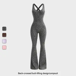 Women's Leopard Print One-Piece Flared Workout Bodysuit, Sexy Hollow Cross Twisted Back Design Fitness Women's Clothing Backless High-Waisted Yoga Jumpsuit stylish activewear Women's Bodycon Workout Tracksuit Set high waist flare leg pant sporty yoga set