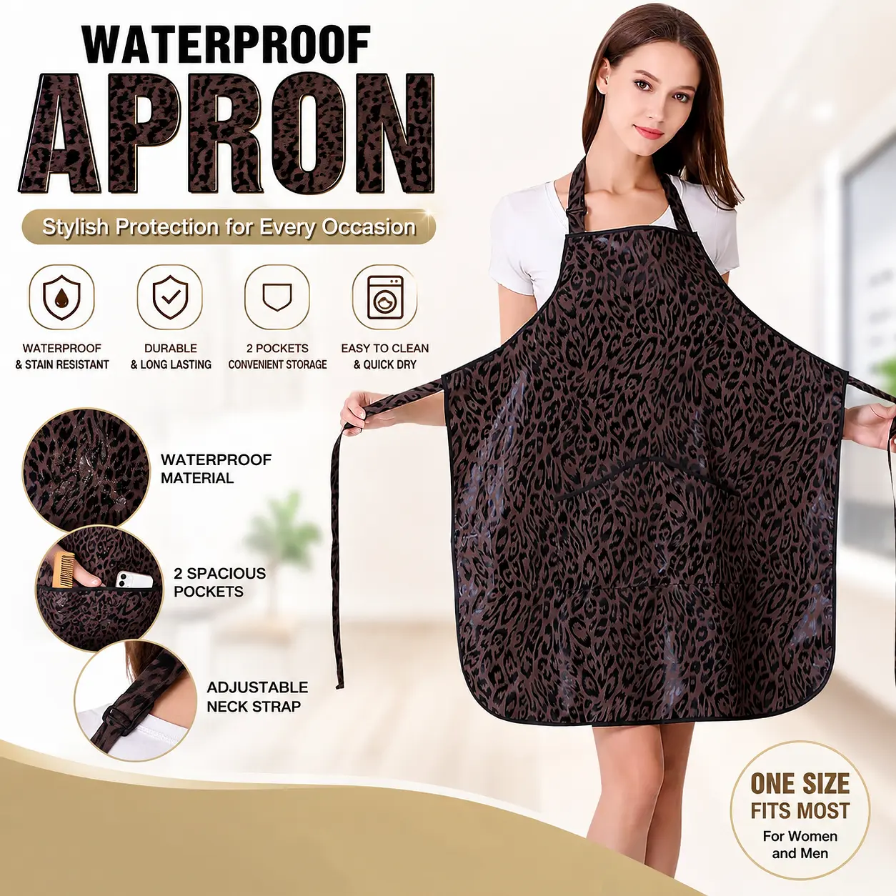 Leopard Print Waterproof Barber Apron with Deep Storage Pockets, Chemical-Resistant, Durable for Hair Styling & Coloring, Haircare Essential for Hair Salons