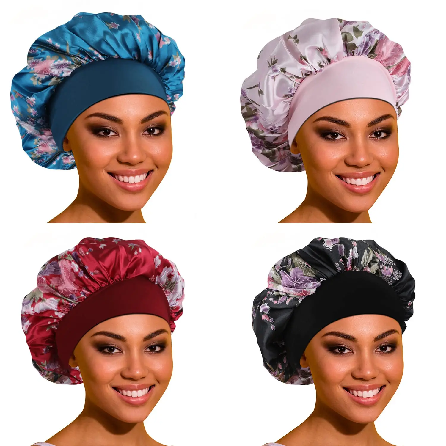 Women's 4-Pack Lightweight Satin Fabric Sleeping Bonnet Sets, Large Roomy Haircare Caps with Breathable Stretch Soft Elastic Band, Female Size Nightcap for Curly Hair, Braids