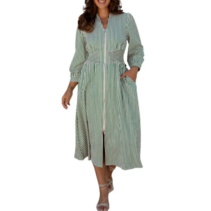 Asvivid Women's Stripe V Neck Zip Front Cinched High Waist Midi Elegant Dress Casual Chic Striped Long Sleeve Fall Dresses Fashion Outfits Womenswear