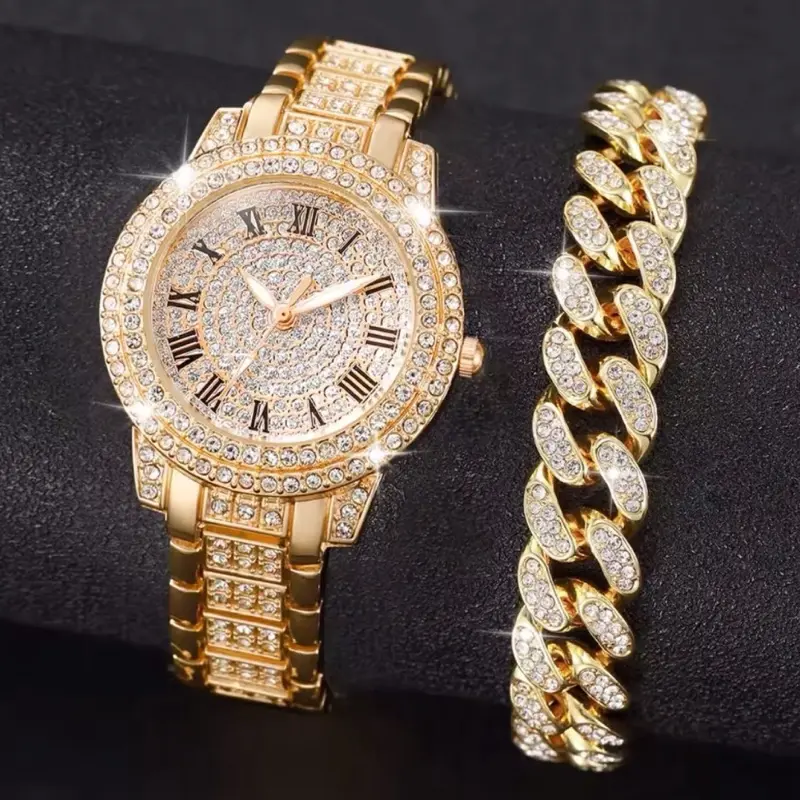 Two Piece Golden Rhinestone Watch with Roman Numerals and Matching Cuban Link