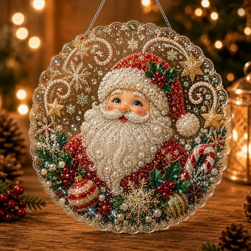 DIY Diamond Painting Santa Hanging Ornament Kit, Shiny Colorful Gem Art Craft, Christmas Holiday Home Decor Pendant for Tree & Window, Festive Gift Set