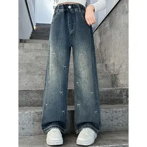 NewGirls Jeans/ 65% High-Waist Baggy Jeans with White Bow Embroidery/ Back to School& Family Trips/ Y2K, Kids Clothes Girls, Pants,(Gift)11