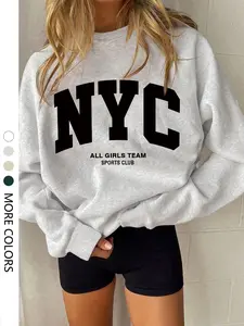 Women's Nyc Letter Print Long Sleeve Knit Hoodie Tops, Ribbed Neck and Cuffs, Casual Loose-Fitting Pullover Sweatshirts, Perfect for Spring and Fall, Womenswear