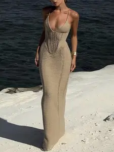 Backless Lace-Up Hollow Out Slim Fit Dress, Sexy Knit Swimsuit Cover-Up for Beach Vacation, Plain Pattern, Sexy Style, Slim-Fitting, Swimwear Coverups