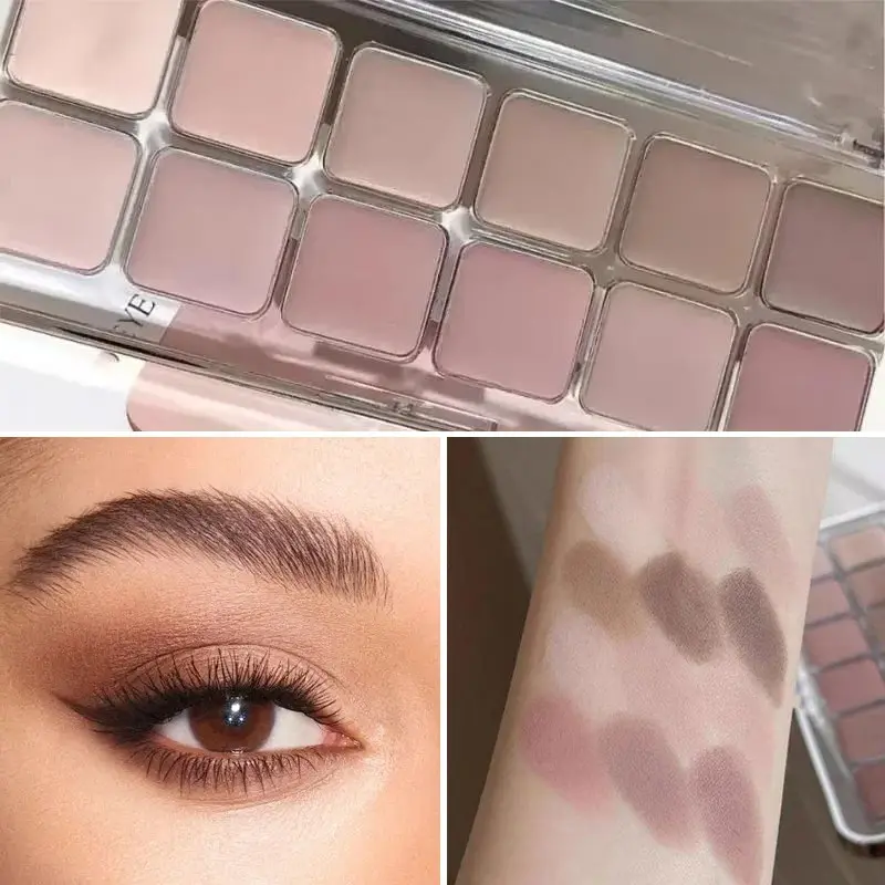 12 Color Eyeshadow Palette, Matte Pigmented Palette, Waterproof Sweatproof Matte Finish, Low Saturation Milk Tea Shades, Natural Look, Daily Makeup, Beauty Eyeshadows, Eye Makeup Product
