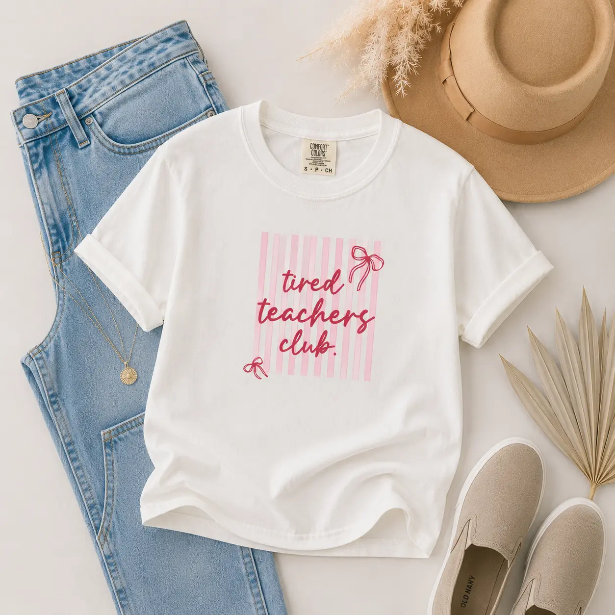 Tired Teachers Club Comfort Colors T-Shirt, Funny Teacher Shirt, Retro Striped Preppy Teacher Tee, Trendy Teacher Life Graphic Tee, Teacher Appreciation Gift Shirt - Printfamily