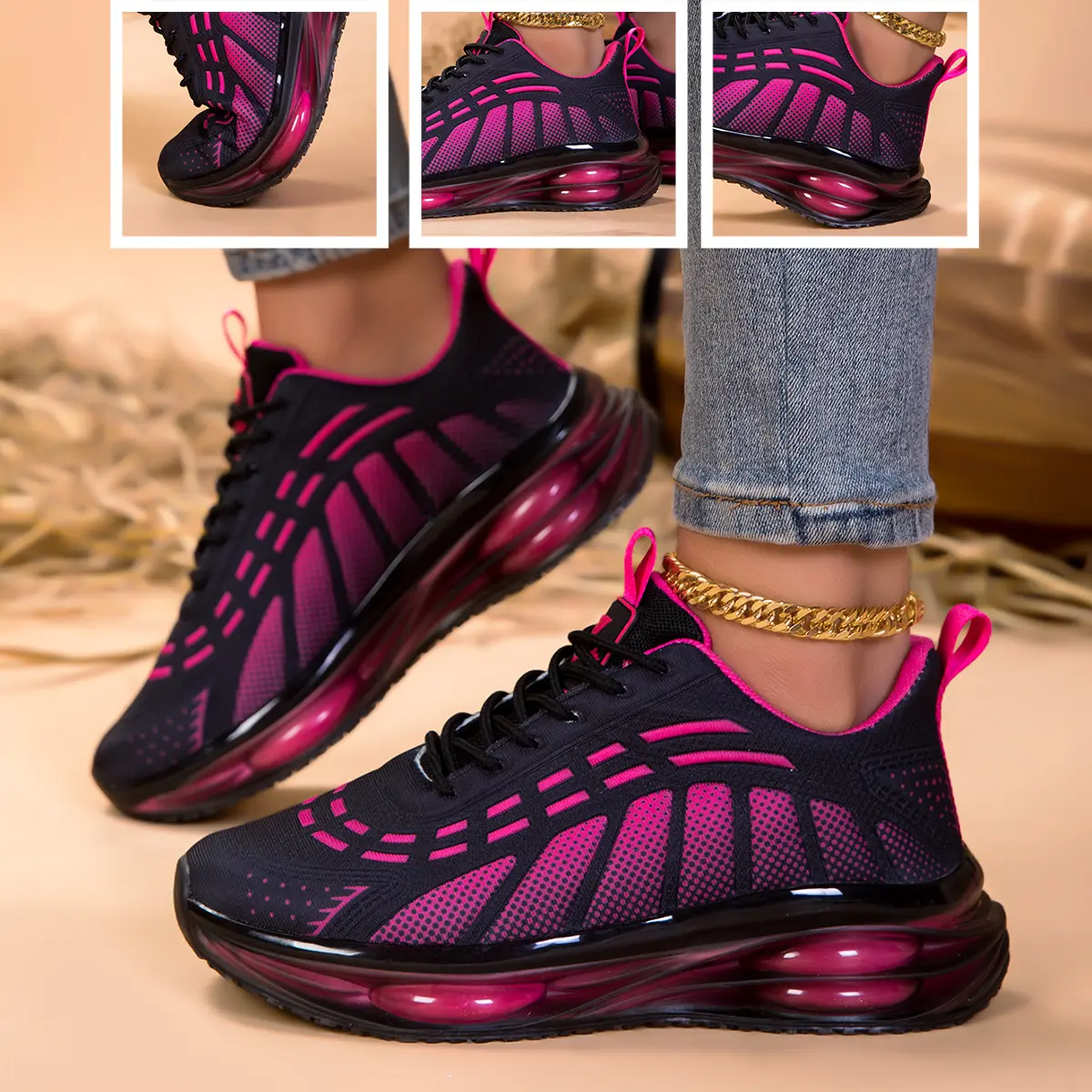 Women's Breathable Air Cushion Tennis Casual Shoes, Gradient Knit Mesh Sweat Wicking, Full Air Cushion Shock Absorption, Lace Up Fit, Perfect for Tennis Sports Commute Shopping Jogging Home Daily Footwear. Meshshoes