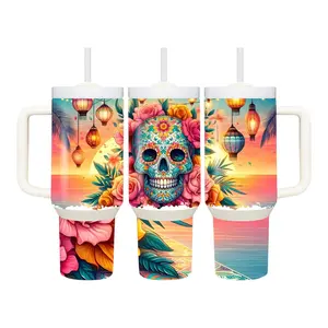 💀🌺 Tropical Sugar Skull Sunset 40oz Tumbler 🌺💀