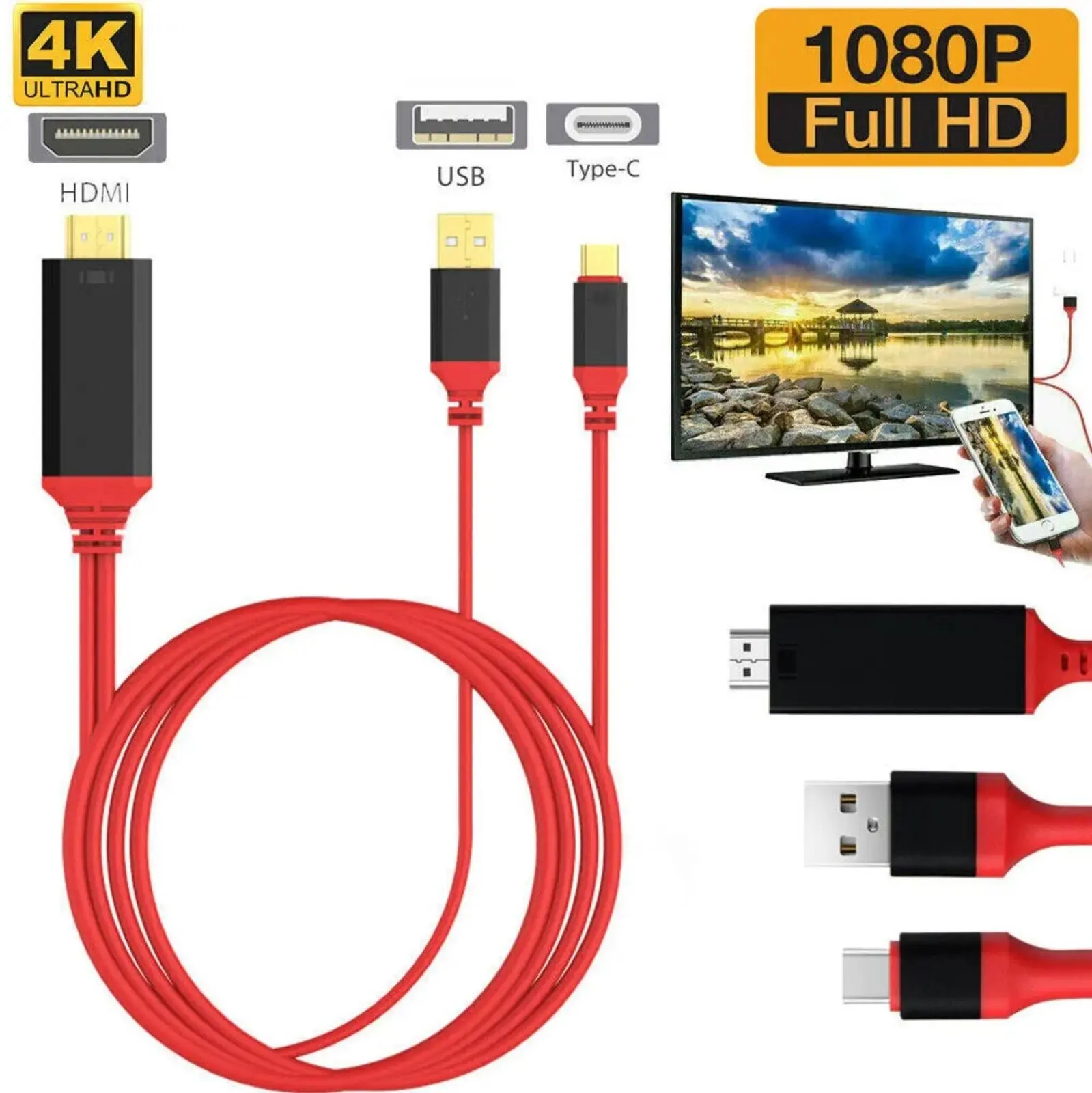 USB-C to HDMI Mirror Cable Adapter Converter 4K 60Hz HDR HDTV for Samsung S8 S24 Digital